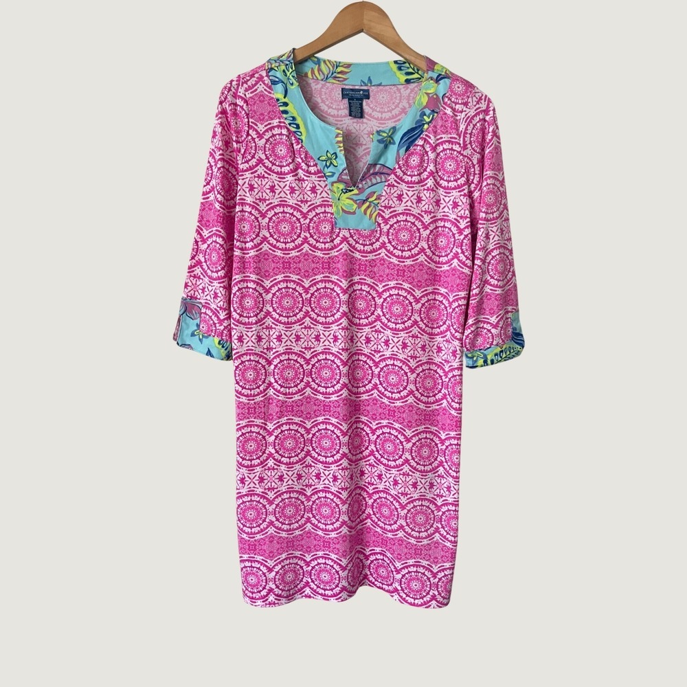 Caribbean Joe Womens Pink Medallion Tropical Print 3/4 Sleeve Shift Dress Small